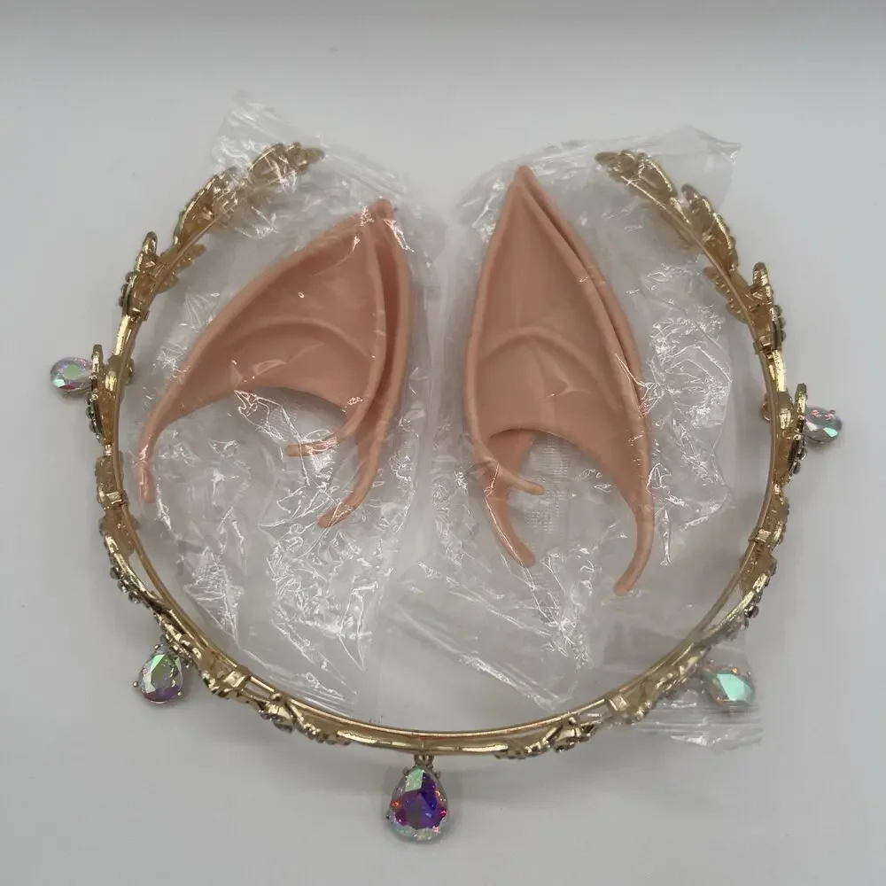 Gold Elf Fairy Tiara with Iridescent Gem & 4 Elf Ears Halloween Cosplay Princess - Picture 6 of 12